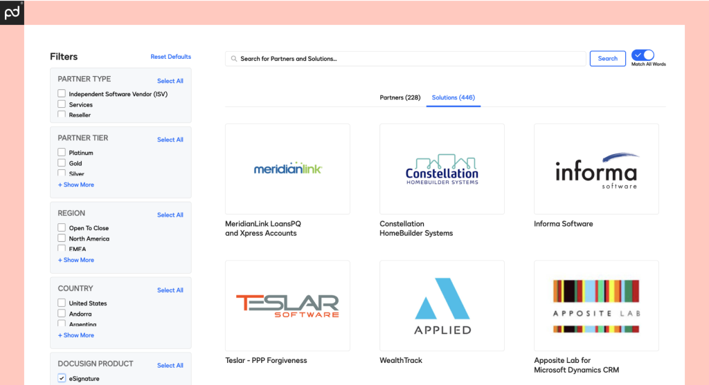 A screenshot of the DocuSign integration search tool, featuring 400+ solutions and 200+ partner organizations.