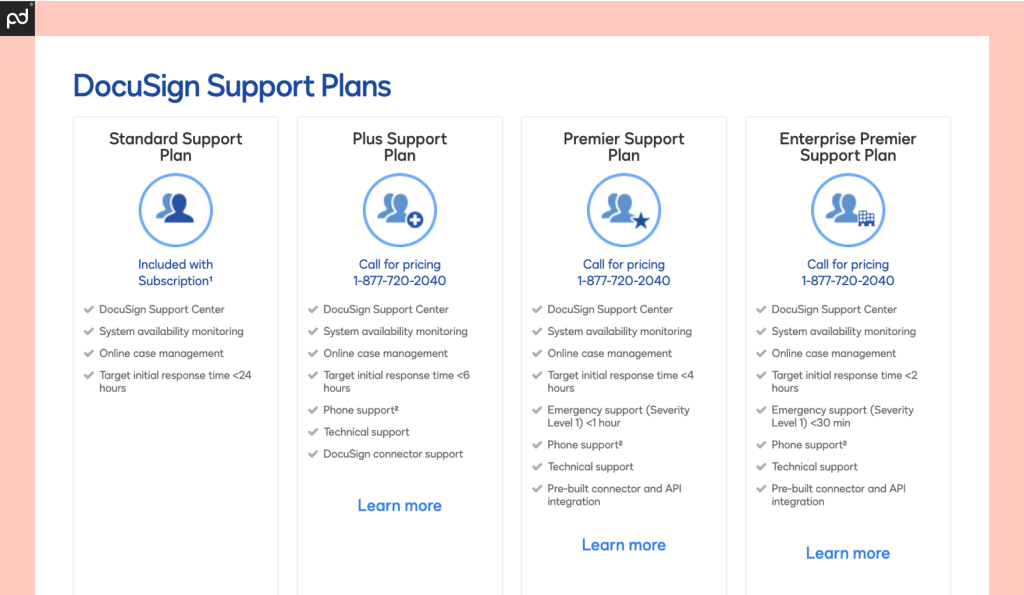 A graphic showing the four tiers of DocuSign support, including Plus, Premier, and Enterprise support paid options.