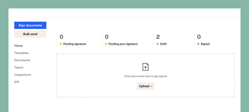 A screenshot of the Dropbox Sign user homepage featuring a get-started area and a user dashboard.