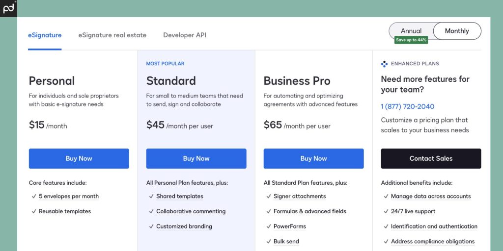 An image depicting all DocuSign pricing plans, their costs, and key plan features at each tier.