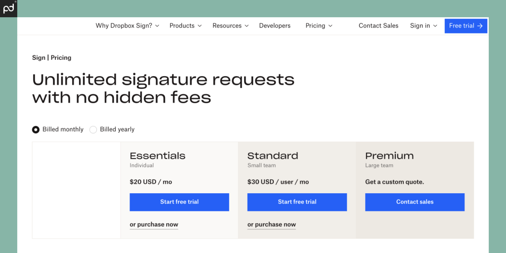 An image depicting all Dropbox Sign pricing plans and costs.