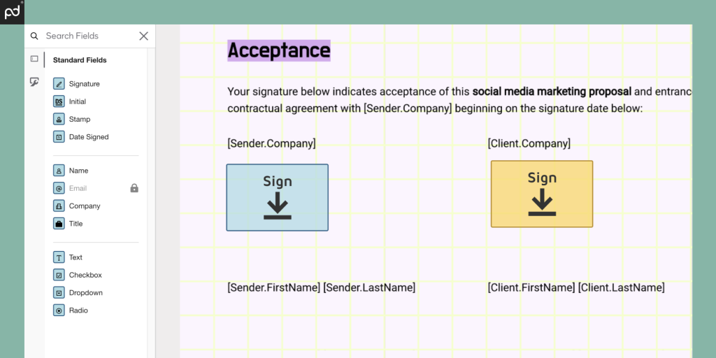 An image depicting a digital document prepared for e-signing. A blue signature box is on the left, while a yellow signature box (indicating a different signer) is on the right.