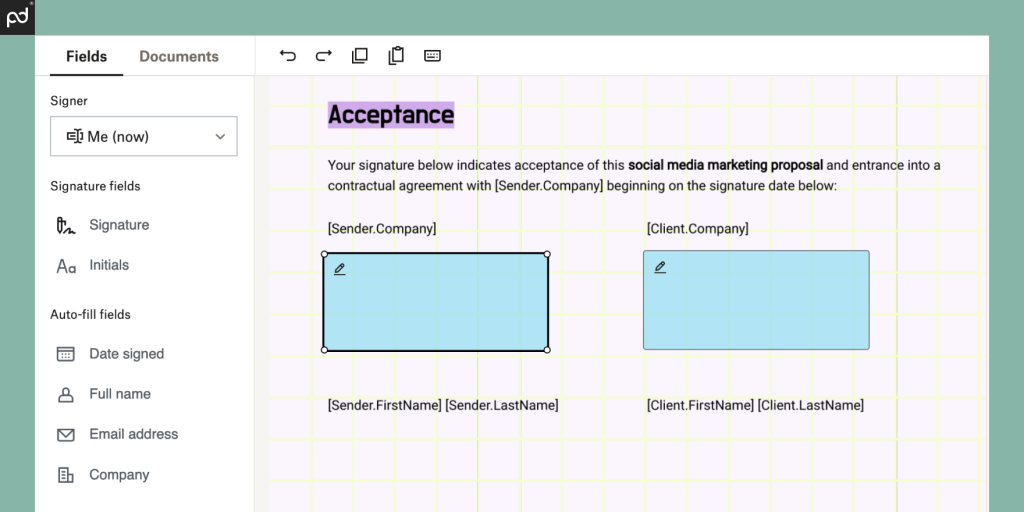 An image depicting two signature boxes on a document prepared for e-signing. Both are sized proportionally to the signature space within the document.