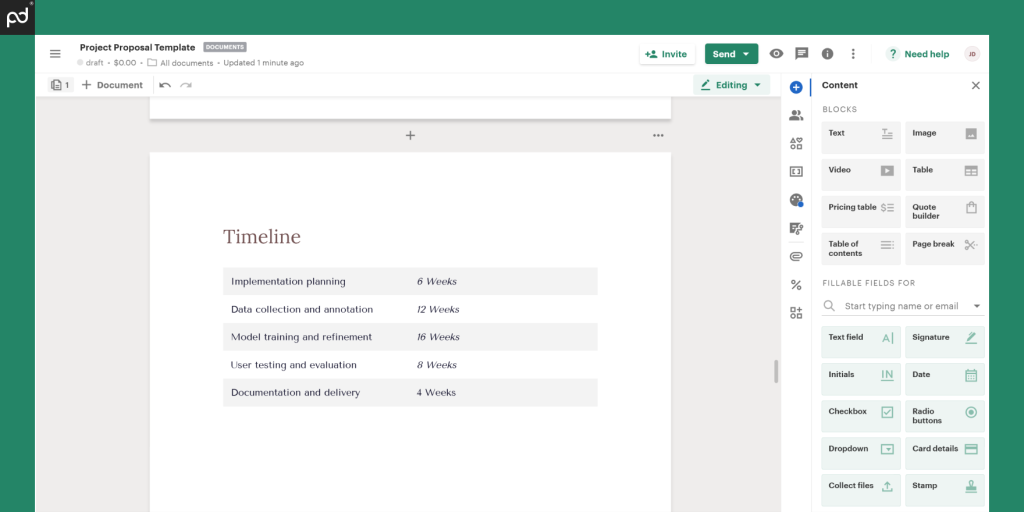  Screenshot of a ‘Timeline’ page from a project proposal template showing project milestones and deadlines.