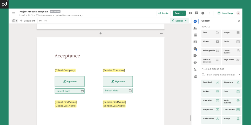 Screenshot of an ‘Acceptance’ page from a PandaDoc project proposal template with spaces for stakeholder names, signatures and signing dates.