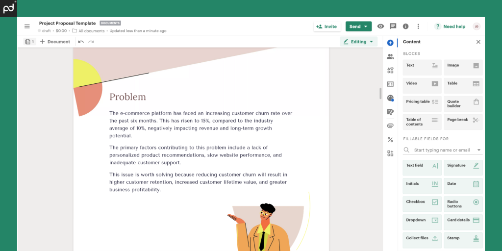 Screenshot of a ‘Problem’ page from a PandaDoc project proposal template with paragraphs describing the problem to be solved.