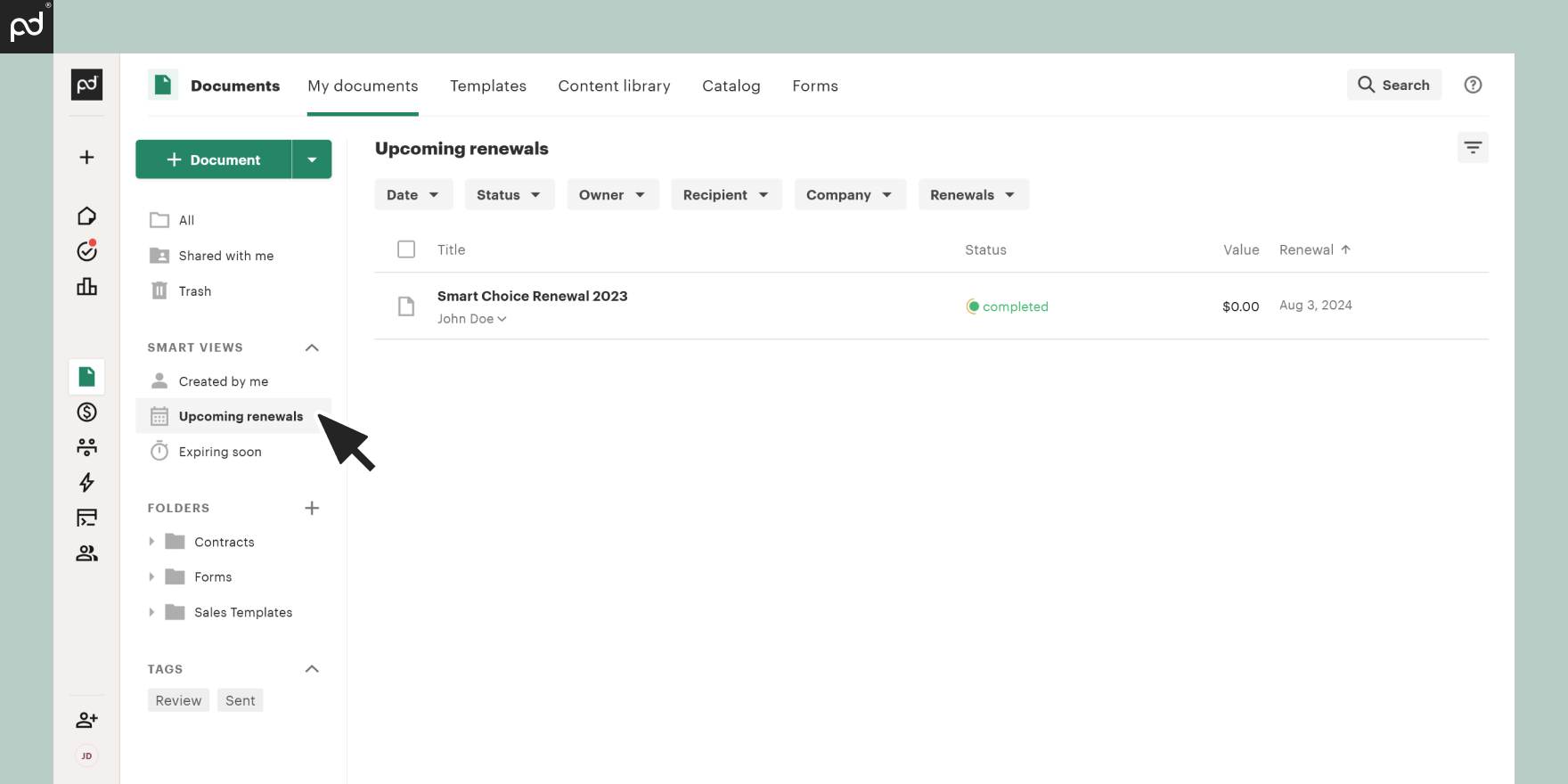 Screenshot of the PandaDoc dashboard showing upcoming document renewals with filters for date, status, owner, recipient, company, and renewal value.