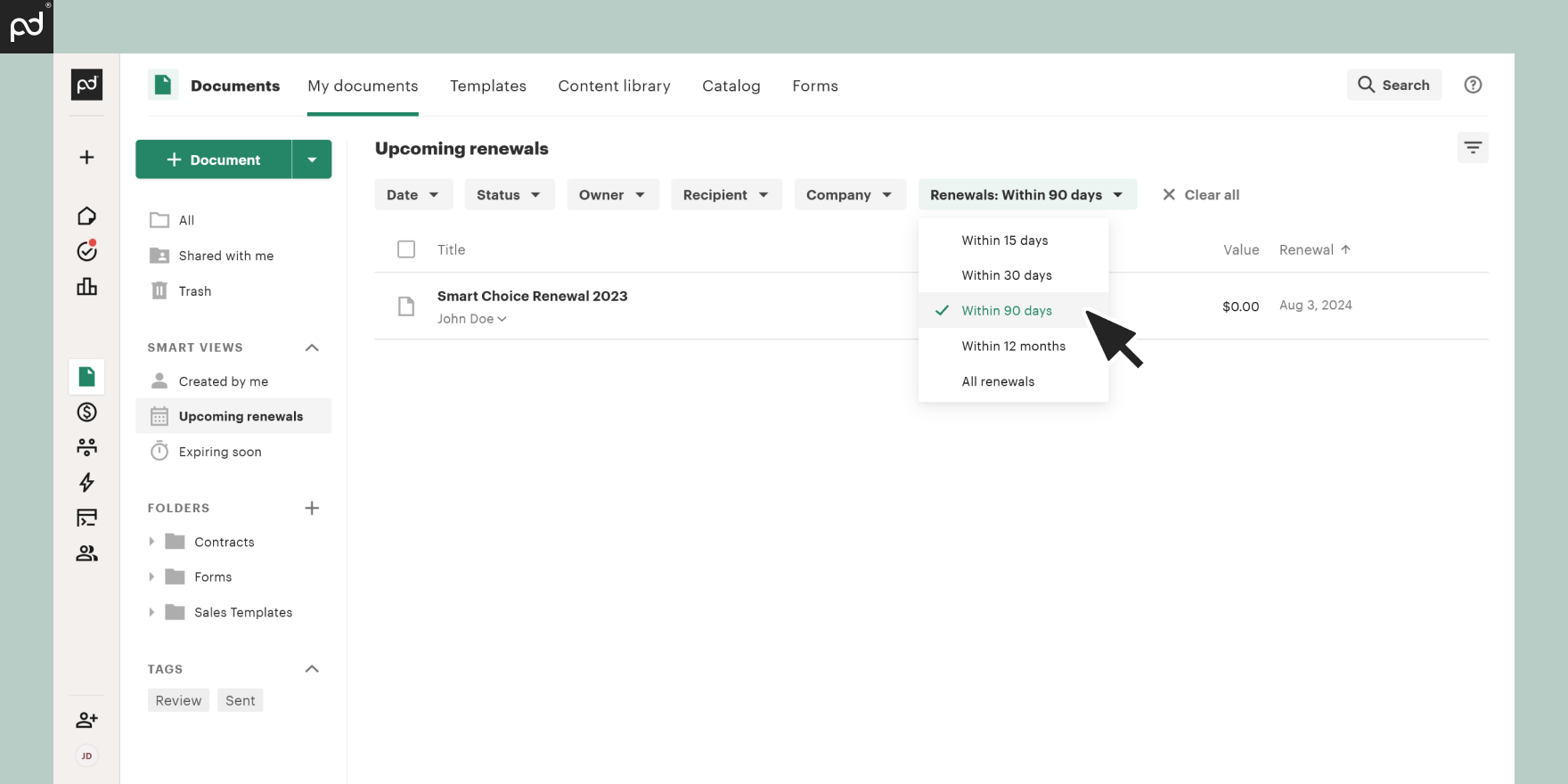 Screenshot of the PandaDoc dashboard showing options to filter upcoming document renewals by date, including within 15 days, 30 days, 90 days, 12 months, and all renewals.