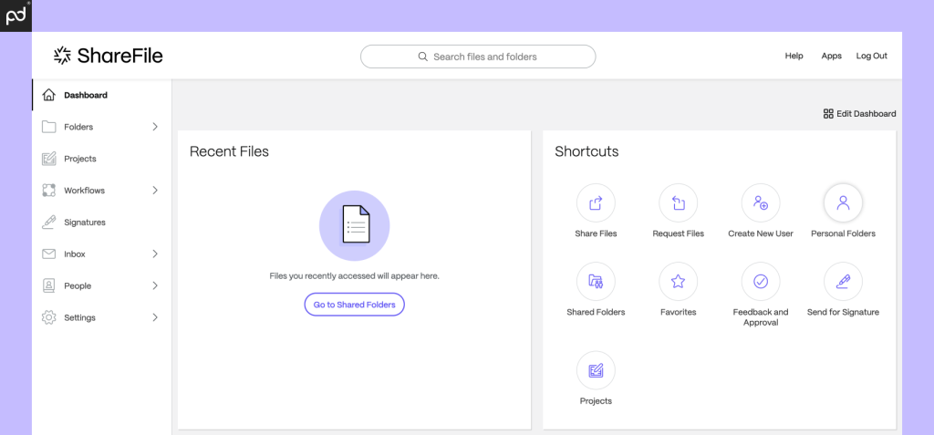 An image of the ShareFile user interface, including the ability to share and request files, request feedback and approvals, or send documents for e-signature.