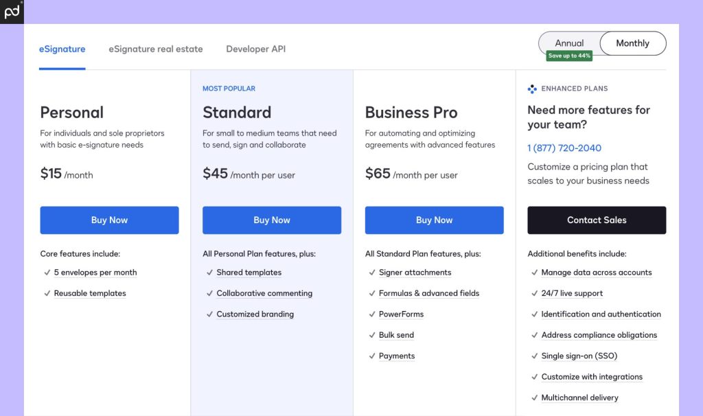 An image depicting all DocuSign pricing plans, their costs, and key plan features at each tier.