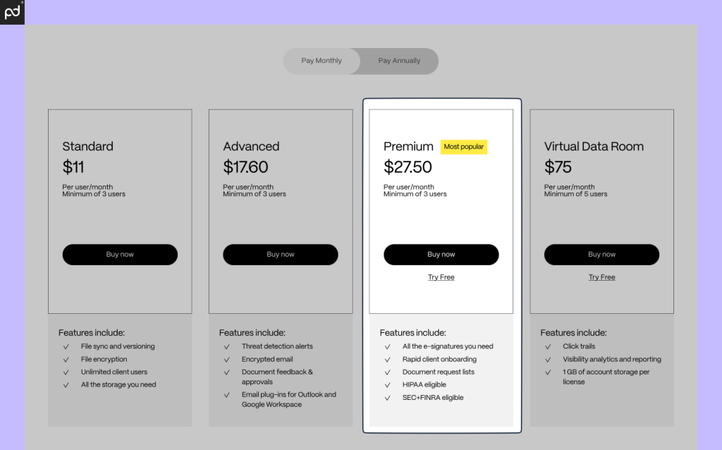 An image of the ShareFile pricing table, including options for Standard, Advanced, Premium, and Virtual Data Room (enterprise).