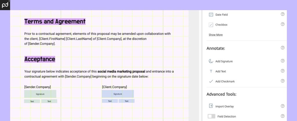 A screenshot showing the ShareFile Premium e-signing platform. Two e-signing boxes are placed on the screen, with additional text fields for first and last names.