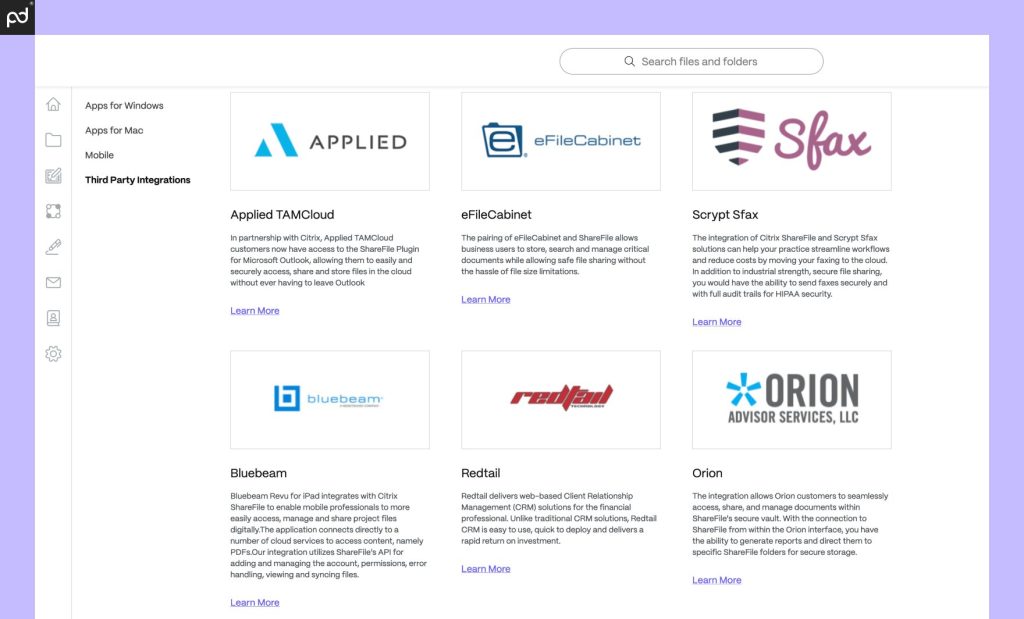 An image featuring many ShareFile integrations, including Retail, Orion, Bluebeam, and others.