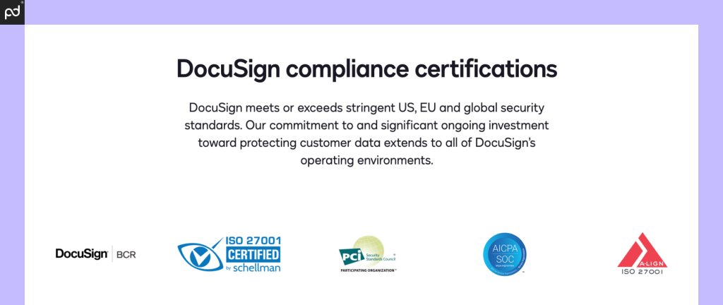 An image depicting the various security badges awarded to DocuSign for security compliance, including ISO 27001/17/18, PCI DSS, SOC 1 Type 2 and SOC 2 Type 2, and others.