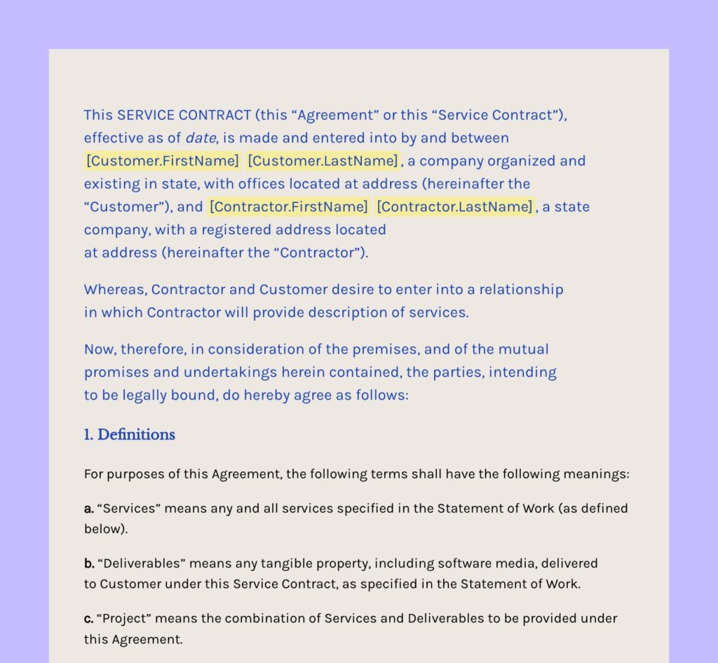 An excerpt of a service contract template