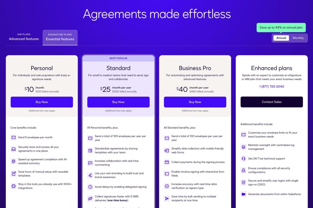 An image depicting the Docusign pricing tiers. All plans and their respective annual price points, including Personal ($10), Standard ($25), Business Pro ($40), and Enhanced plans (custom pricing).