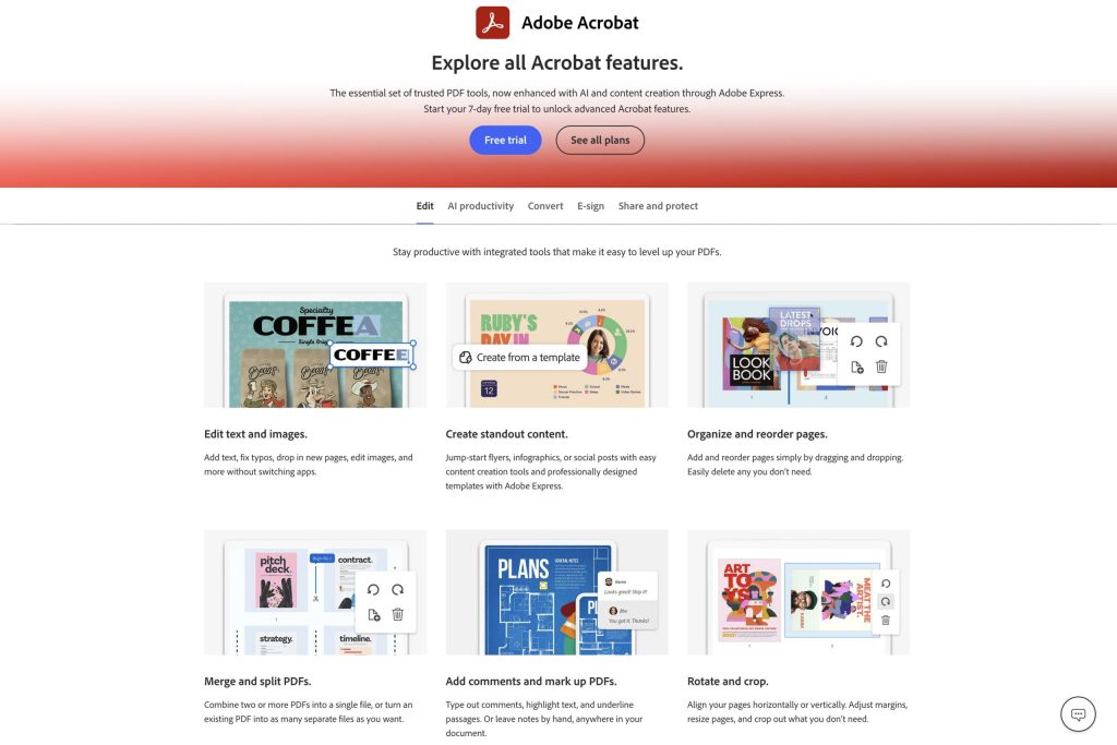 An image depicting the PDF editing capabilities of Adobe Acrobat, including the ability to edit, convert, e-sign, and share PDF-based content.