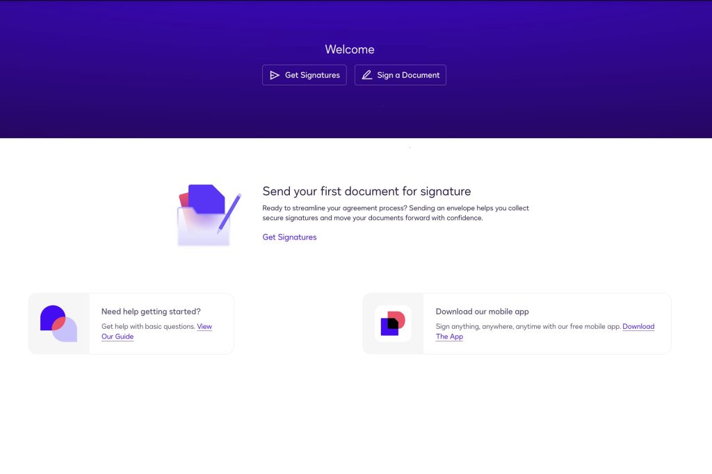 A screenshot of the Docusign user homepage featuring a get-started area and a user dashboard.