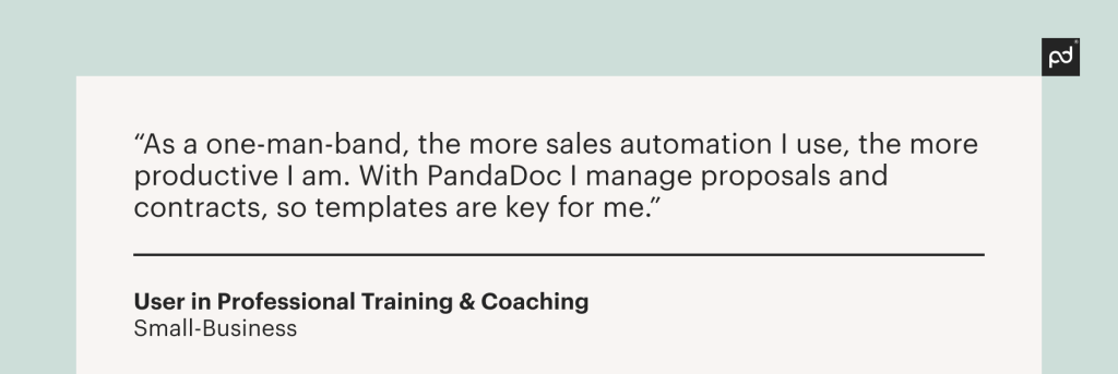 Testimonial from a G2 user in Professional Training & Coaching expressing satisfaction with PandaDoc sales automation features