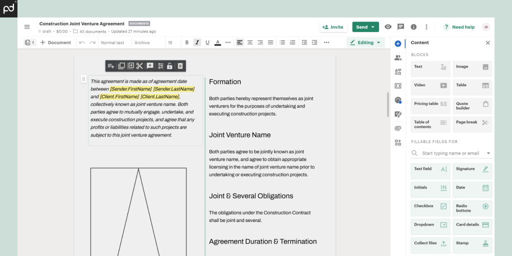 Screenshot of the PandaDoc editor showing the editing of a construction joint venture agreement with highlighted names and various document editing options.