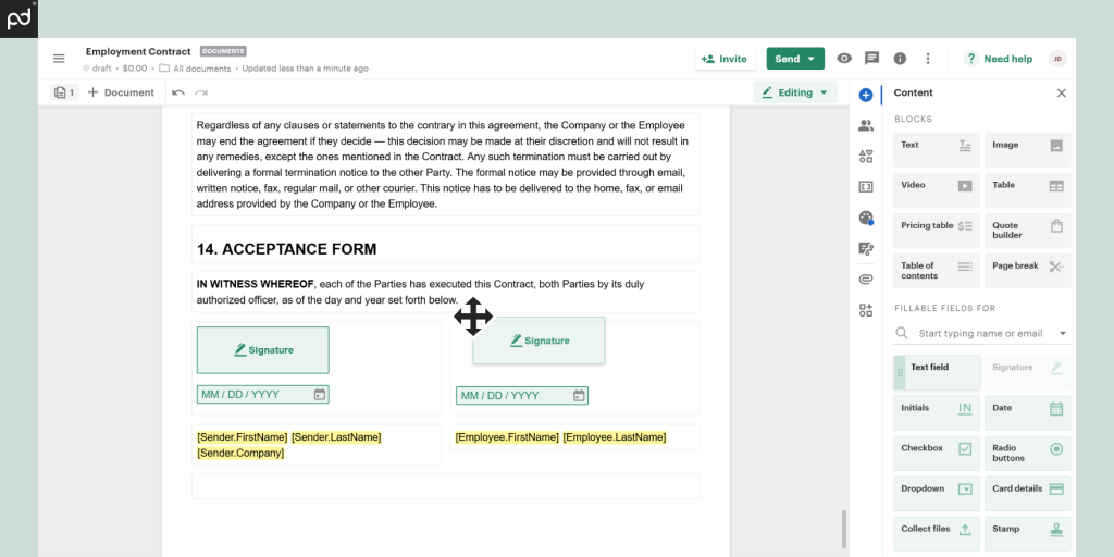 Screenshot of PandaDoc showing the process of electronic signing of a contract