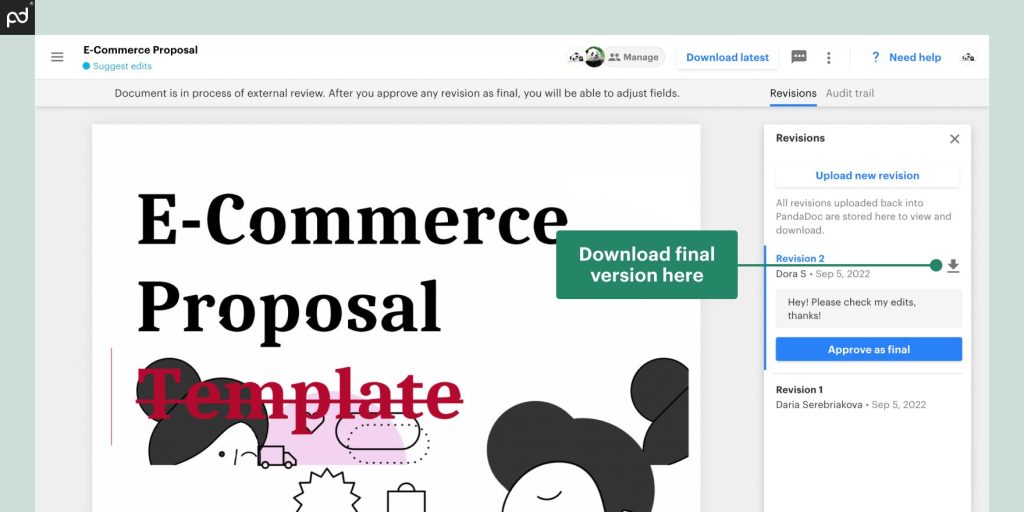 Screenshot of PandaDoc showing the revision process for an e-commerce proposal template with a highlighted option to download the final version.