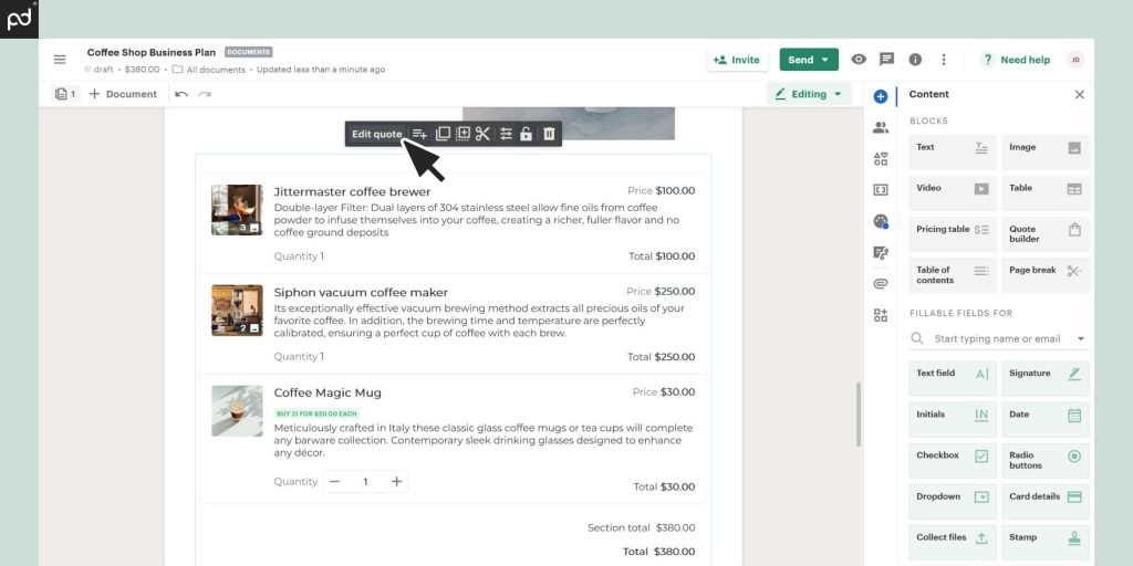 Screenshot of PandaDoc editor highlighting the “Edit quote” option for a coffee shop business plan with a list of products and their prices.