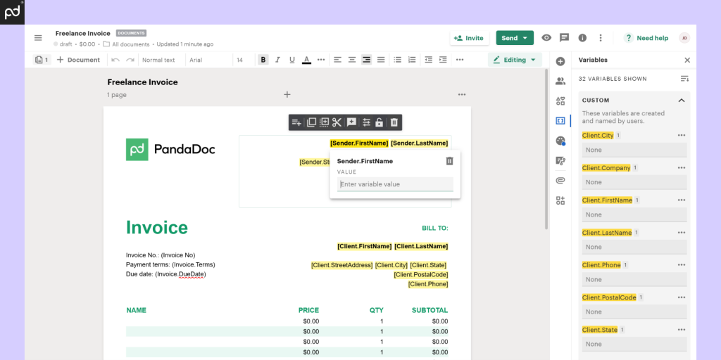 Screenshot of PandaDoc invoicing software interface with customizable fields for freelance invoices, including sender and client information.
