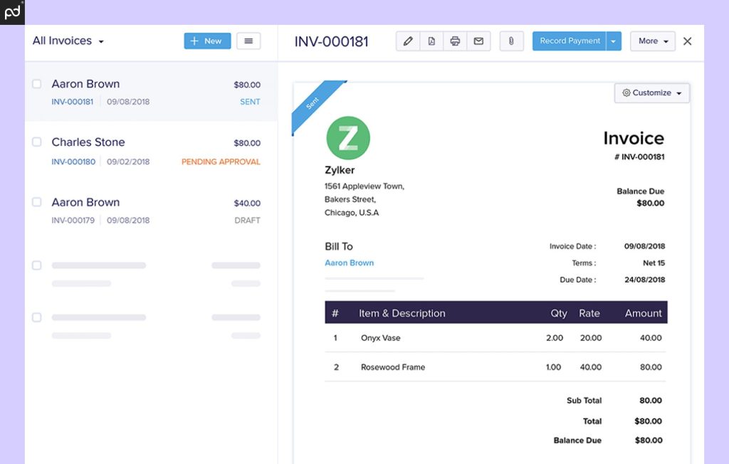 Screenshot of Zoho Invoice software interface displaying invoice status, itemized billing, and client information.