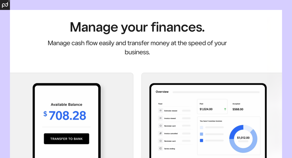 Screenshot of Square invoicing software interface showing available balance, invoice statuses, and a dashboard with paid, accepted, and overdue invoice indicators.
