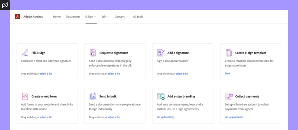 An image demonstrating some of the functionality included in Acrobat Sign plans, including options to e-sign, collect payments, create web forms, and add custom branding.