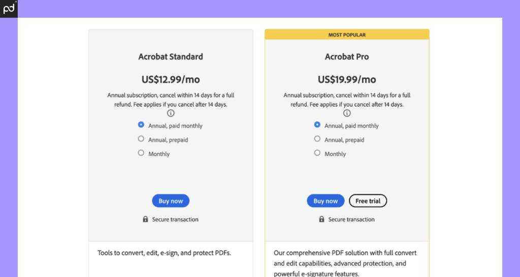 An image displaying the Acrobat Sign personal plans, Acrobat Standard ($12.99/month) and Acrobat Pro ($19.99/month).