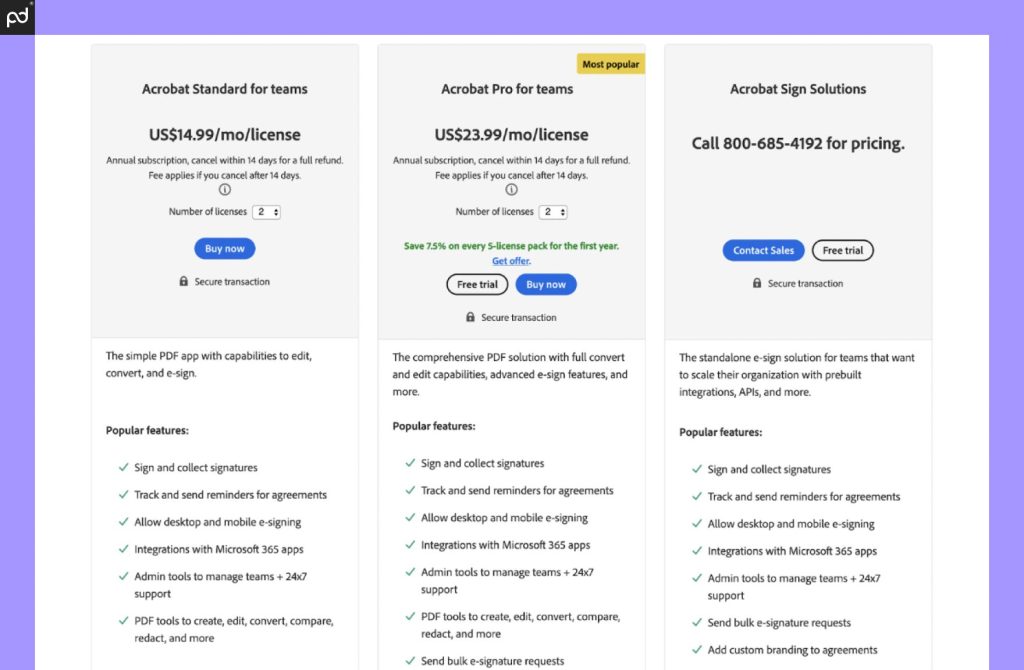 A screenshot of the team-based pricing plans for Acrobat Sign, including Acrobat Standard for teams ($14.99/month) and Acrobat Pro for teams ($23.99/month) plans, as well as the Acrobat Sign enterprise plan.