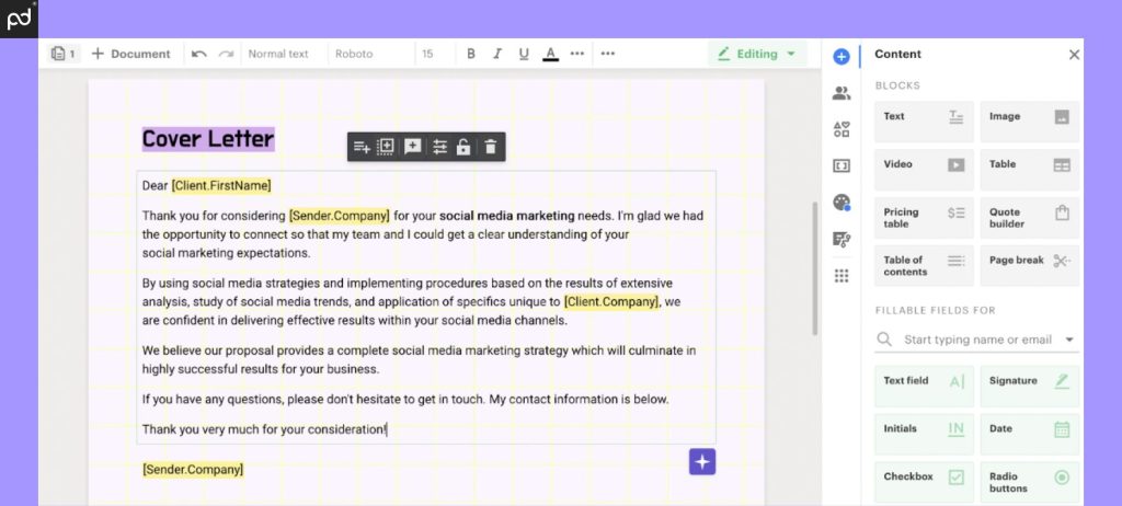 An image of the PandaDoc document editor.