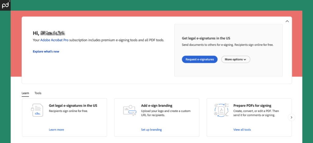 A screenshot of the Acrobat Sign user homepage featuring a get-started area and a user dashboard.