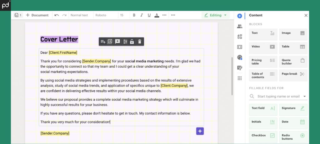 A view of the PandaDoc Document Builder user interface. The right sidebar features tools for text, pricing tables, video/image inserts, and more.