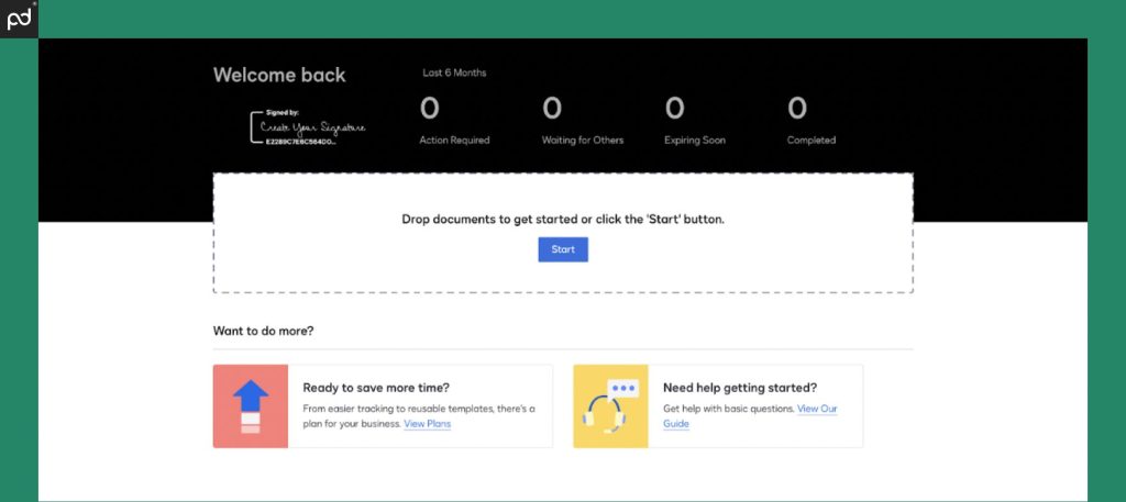 A screenshot of the DocuSign user homepage featuring a get-started area and a user dashboard.