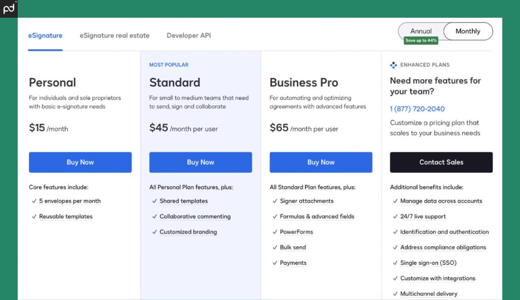 An image depicting all DocuSign pricing plans, their costs, and key plan features at each tier.