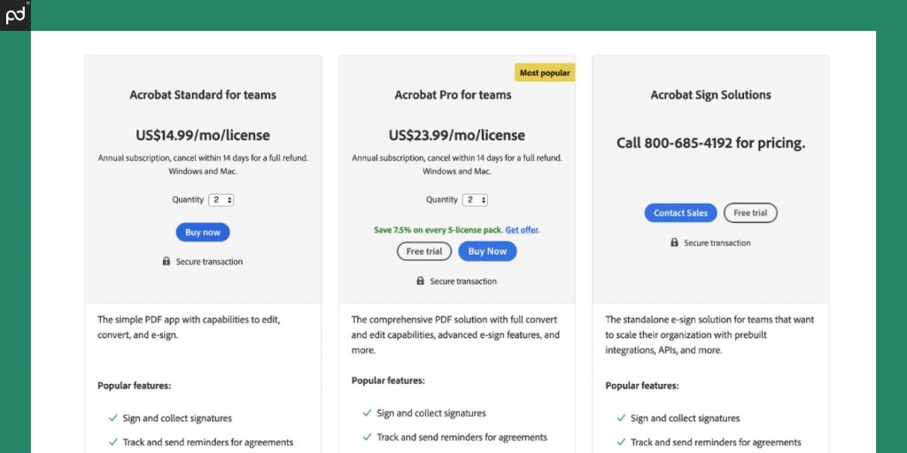 A screenshot of the team-based pricing plans for Acrobat Sign, including Standard and Pro plans, as well as the Acrobat Sign enterprise plan.