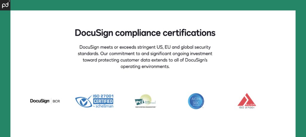 An image depicting the various security badges awarded to DocuSign for security compliance, including ISO 27001/17/18, PCI DSS, SOC 1 Type 2 and SOC 2 Type 2, and others.