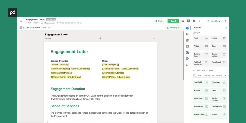 creating engagement letter format in PandaDoc