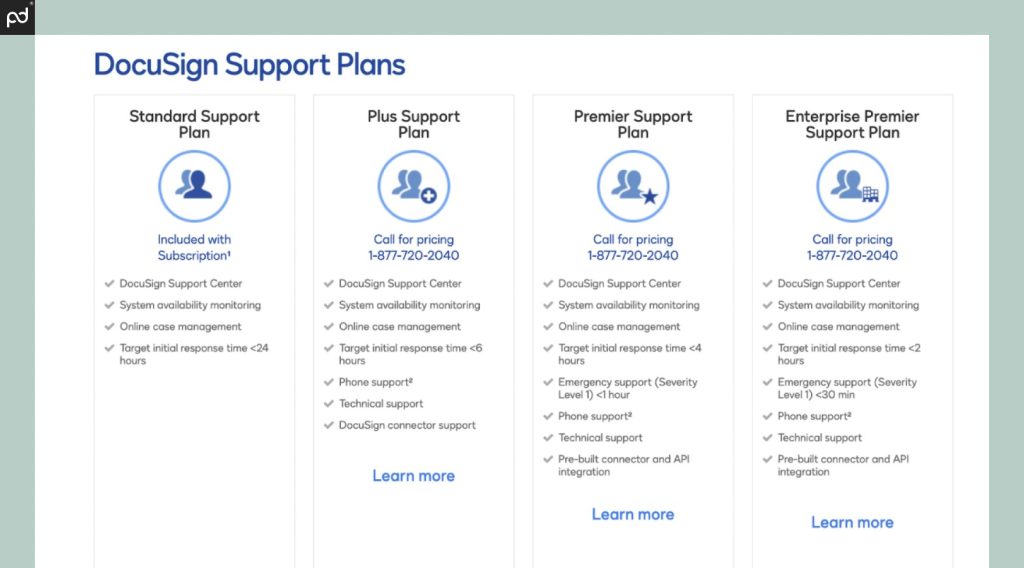  A graphic showing the four tiers of DocuSign support, including Plus, Premier, and Enterprise support paid options.