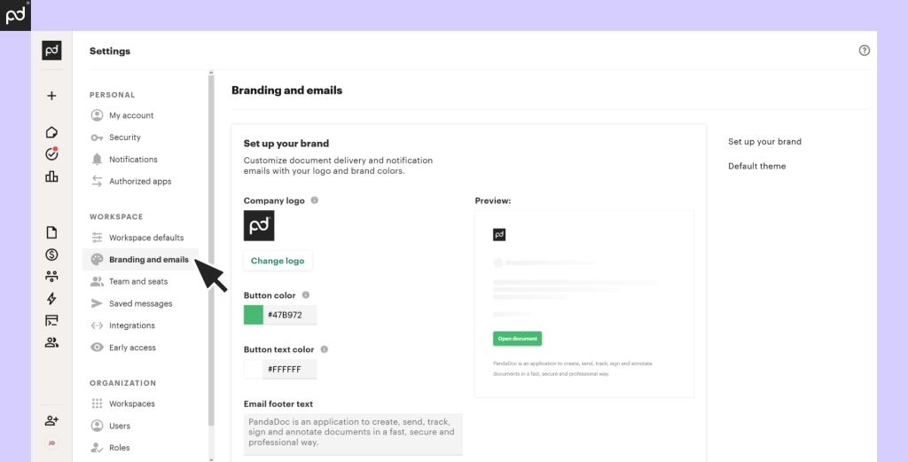 Screenshot of a PandaDoc contract management software showing how to customize branding and emails.