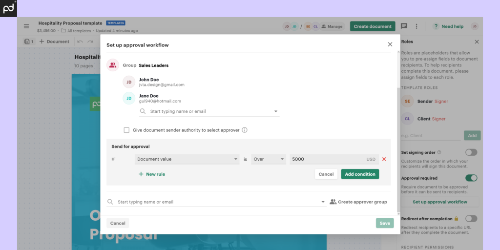 Screenshot of PandaDoc showing the setup of an approval workflow, including approver groups and conditions based on document value