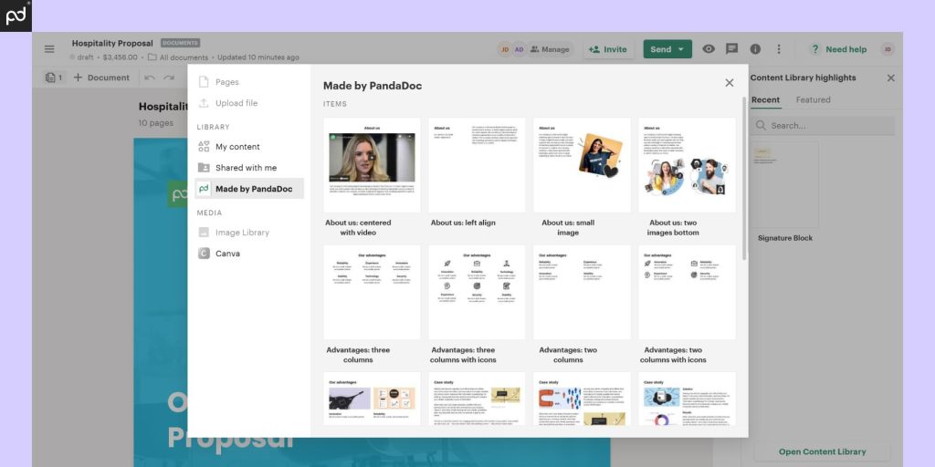 Screenshot of PandaDoc showing the setup of an approval workflow, including approver groups and conditions based on document value. 