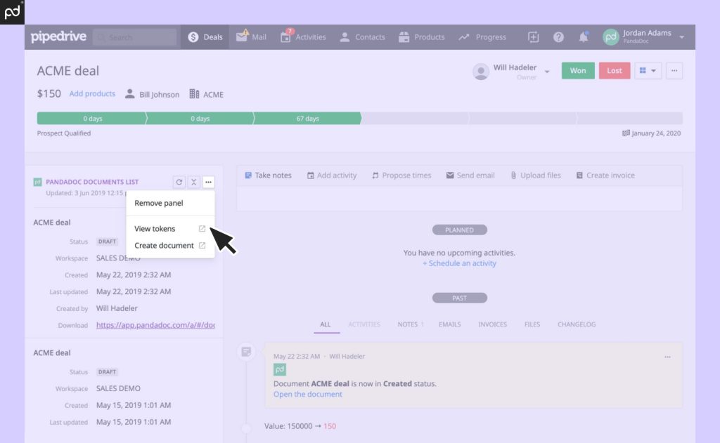 Screenshot of Pipedrive CRM showing a potential deal with options to manage PandaDoc templates, including viewing tokens and creating documents.