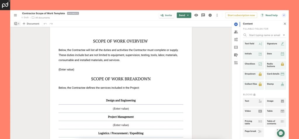 Screenshot of scope of work inside PandaDoc