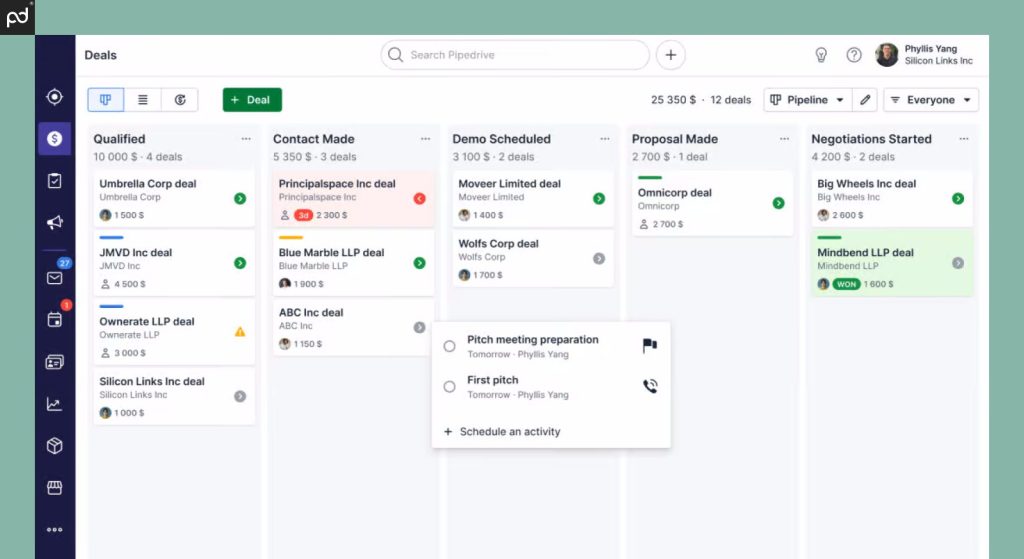 Screenshot of the Pipedrive CRM deals dashboard showing various stages of deals, including Qualified, Contact made, Demo scheduled, and Proposal made.