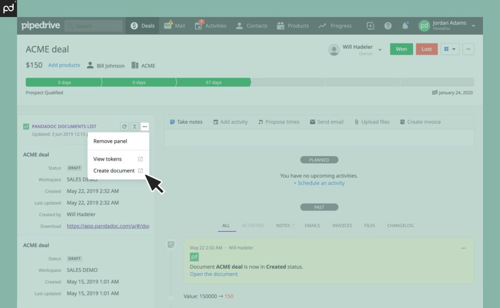 Screenshot of Pipedrive CRM showing an ACME deal with integrated PandaDoc document management options, including view tokens and create document features.
