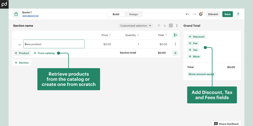 Retrieve products from the catalog or create one from scratch. You can divide them into sections.